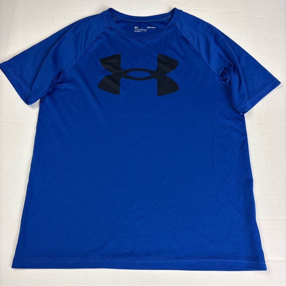 Under Armour Boys Youth Large T-Shirt Blue Black Logo Short Sleeve Polyester